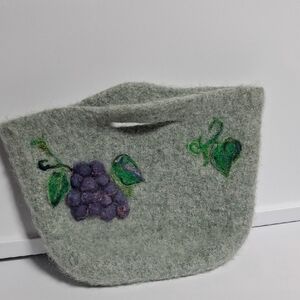 Handmade Gray Wool Felt Tote with Purple Grapes Motif